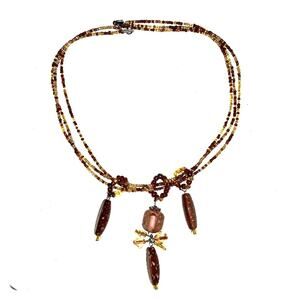 Hand Crafted Beaded Charm Necklace Triple Strand